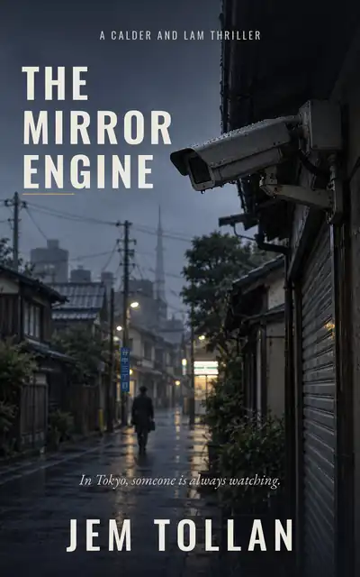 Cover of The Mirror Engine by Jem Tollan: a security camera watching a rainy Tokyo lane at dusk